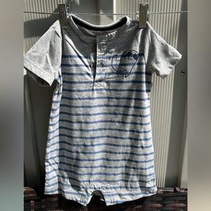 Light Gray Baby blue Striped Henley Romper
